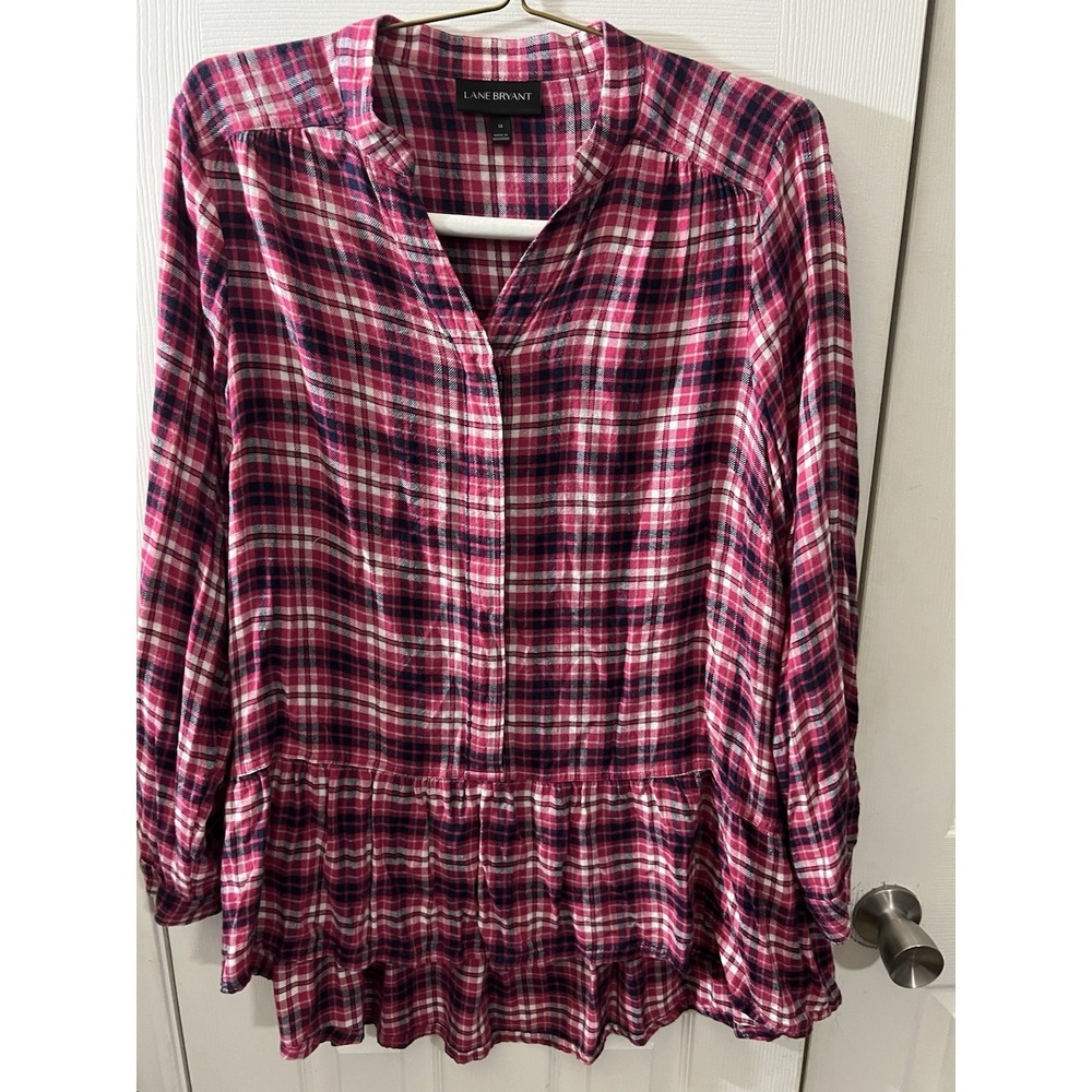 Lane Bryant Top Womens 14‎ Pink Plaid Rayon Flannel Roll Tab Sleeve Hi Low Hem